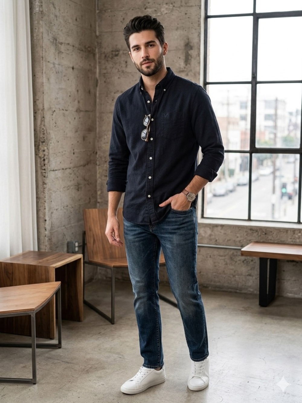 American Eagle Outfitters Men's Dark Navy Button-Up Shirt